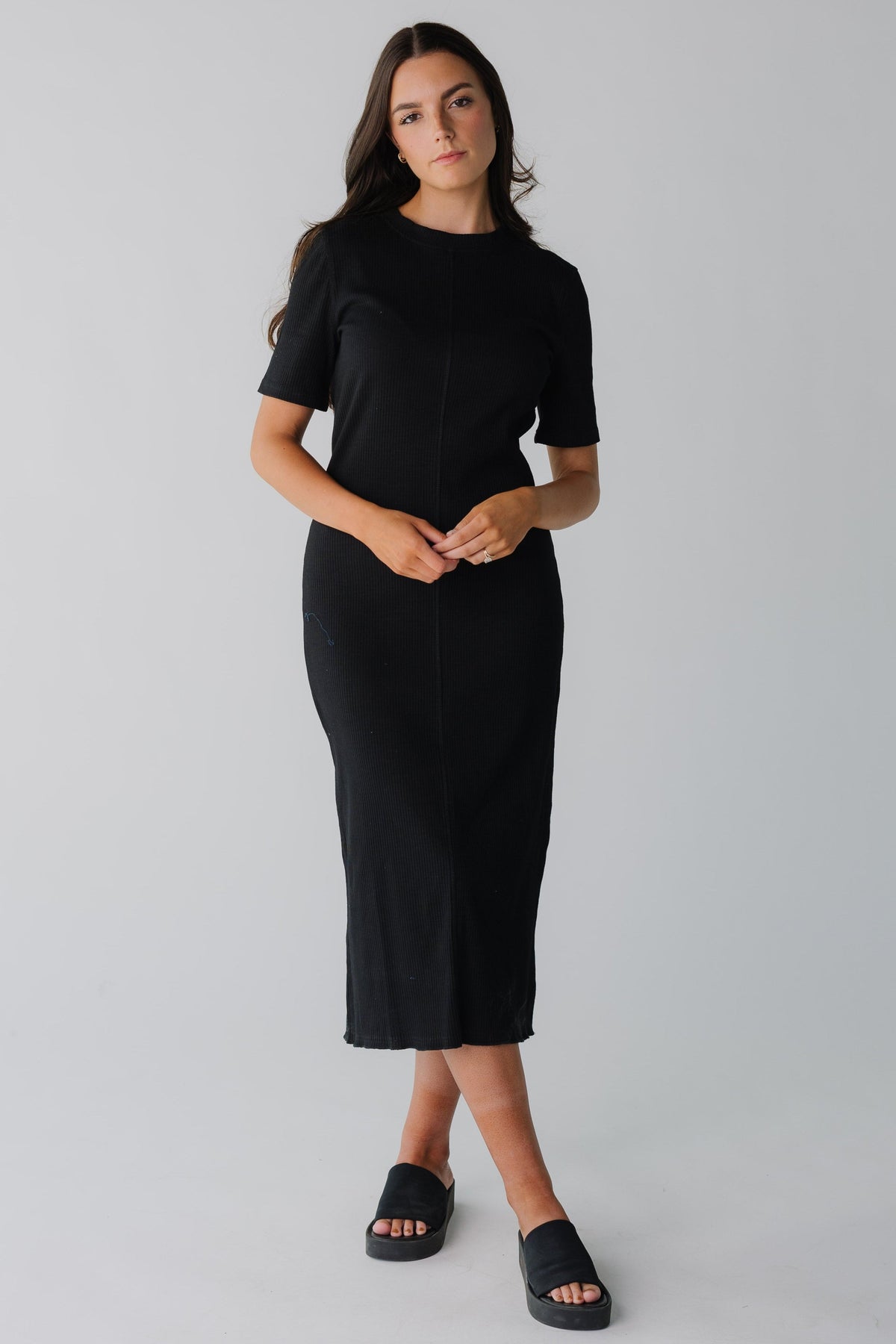 Brass & Roe Ribbed Midi Lettuce Hem Dress