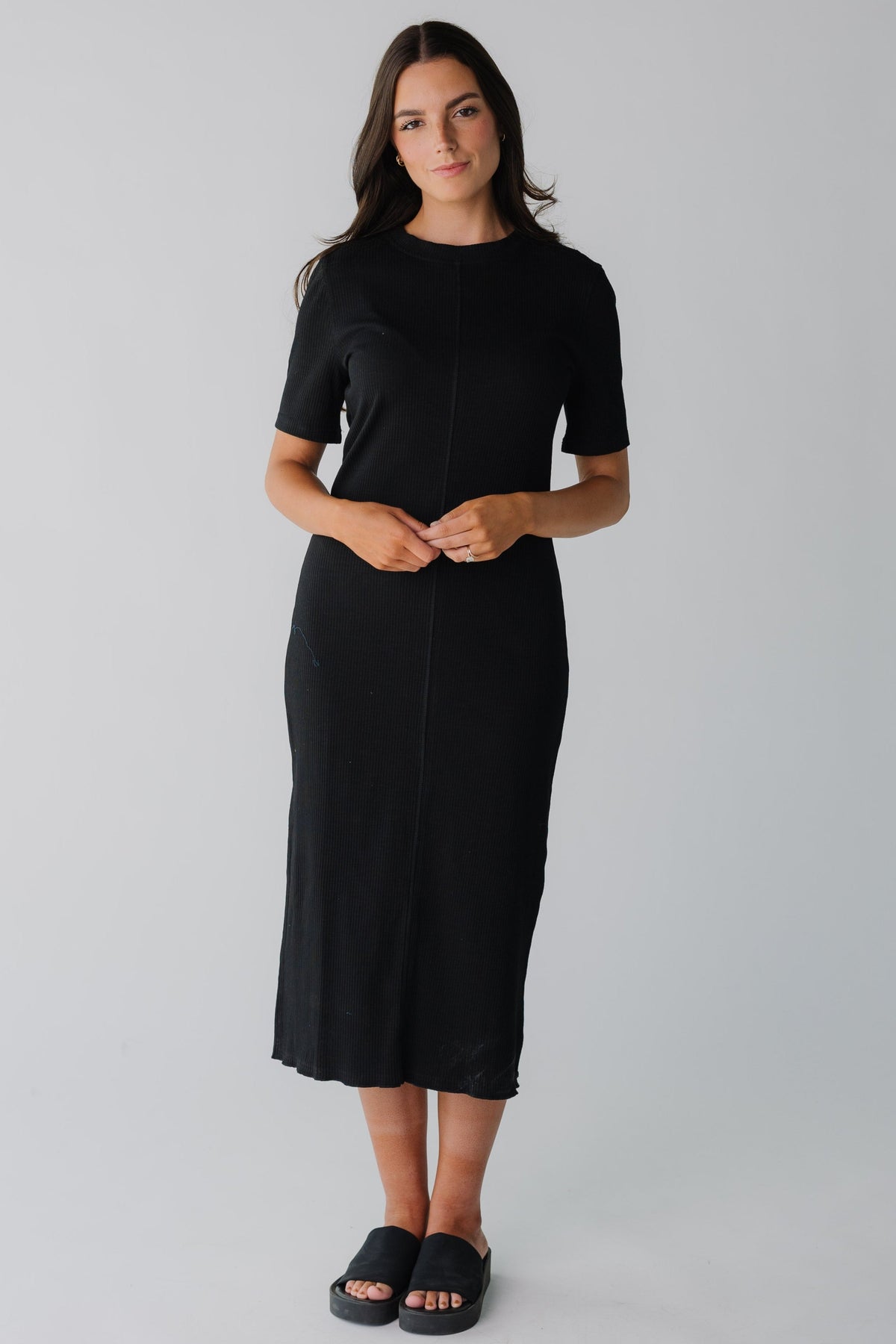 Brass & Roe Ribbed Midi Lettuce Hem Dress
