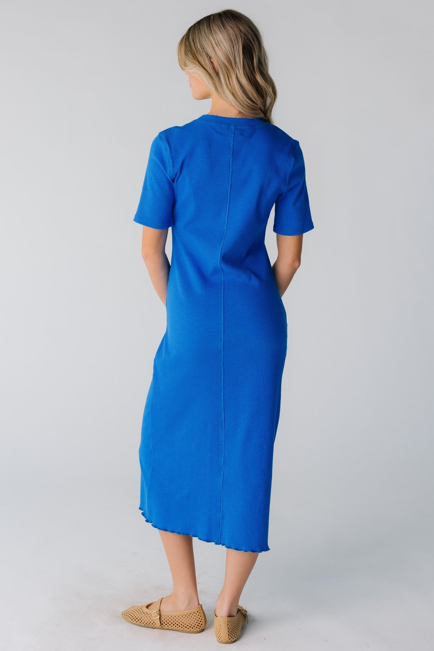 Brass & Roe Ribbed Midi Lettuce Hem Dress