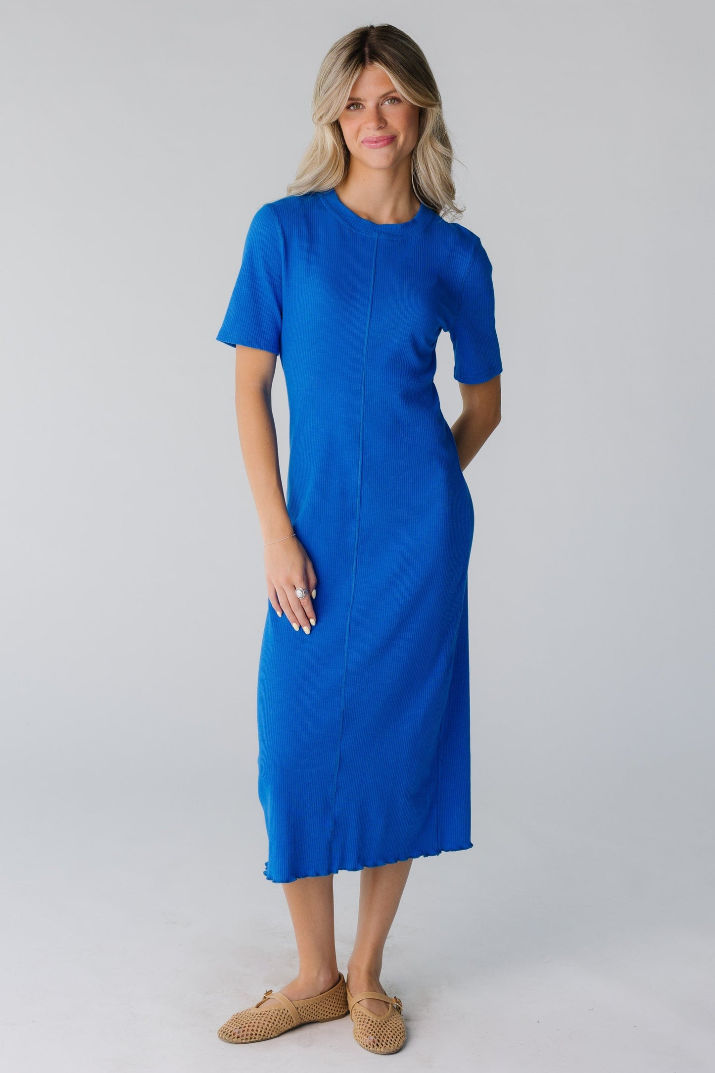 Brass & Roe Ribbed Midi Lettuce Hem Dress