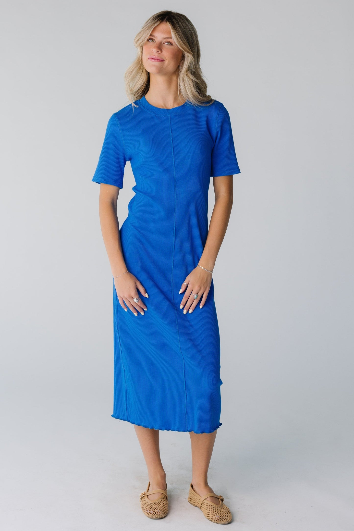 Brass & Roe Ribbed Midi Lettuce Hem Dress